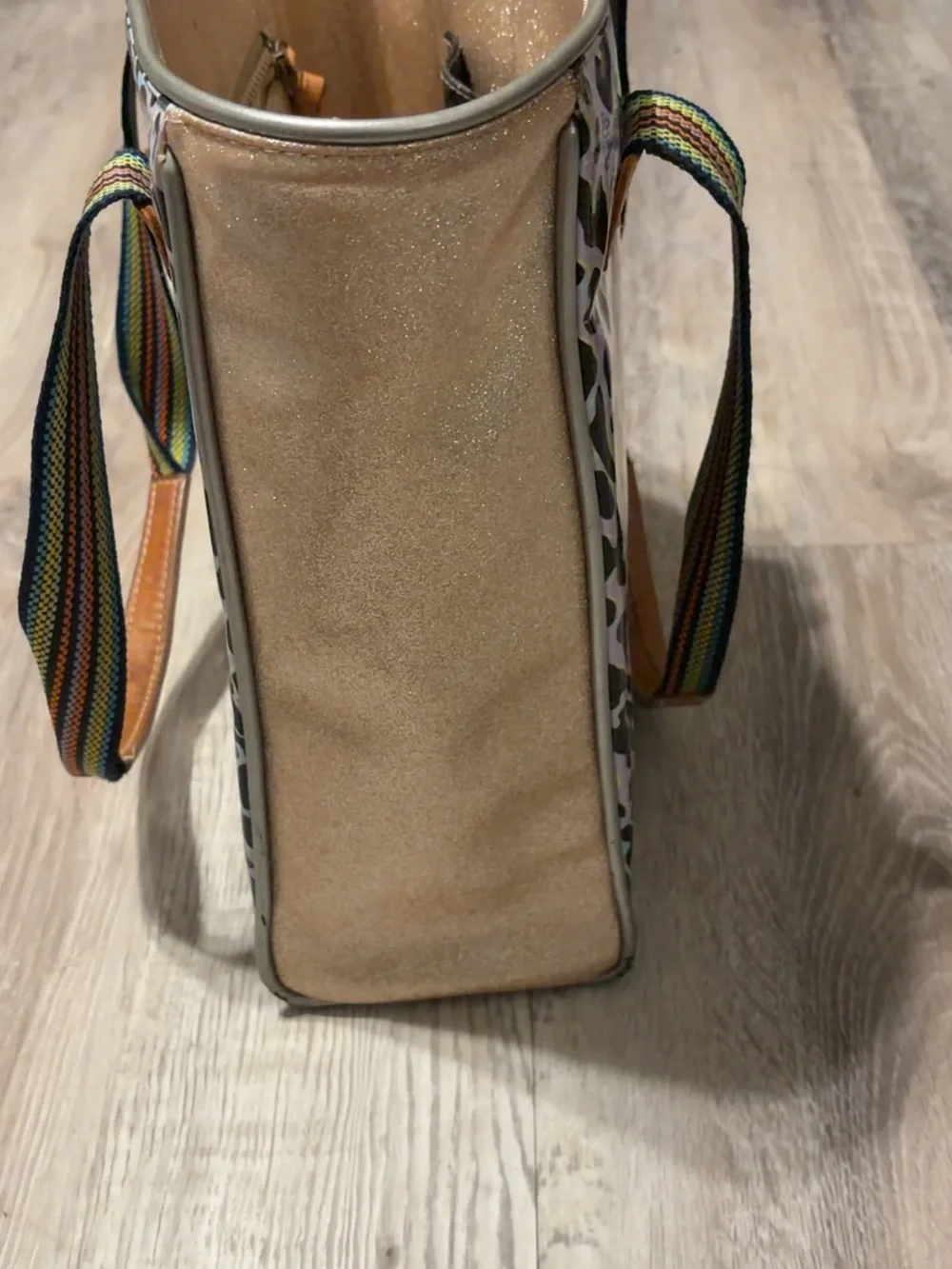 Consuela Leopard Print Tote with Rainbow Straps and Gold Interior